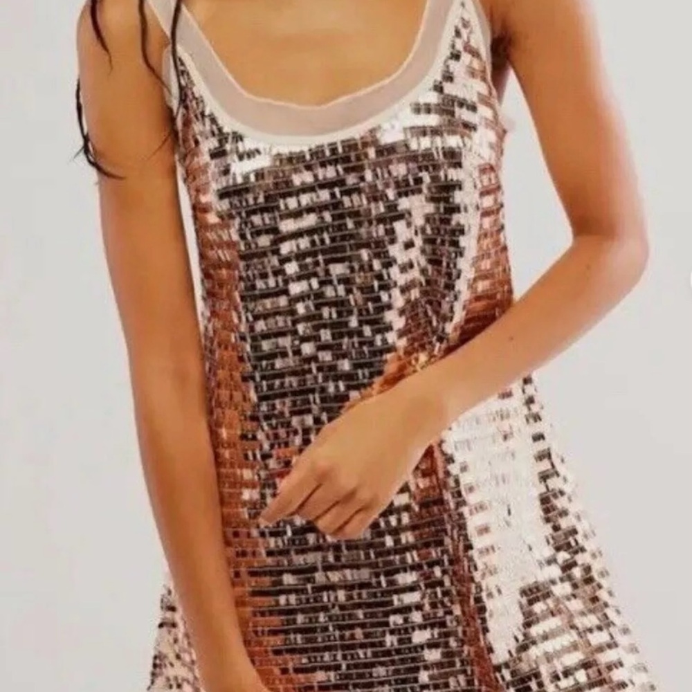Free People Sequin Mini Dress in Silver and Brown